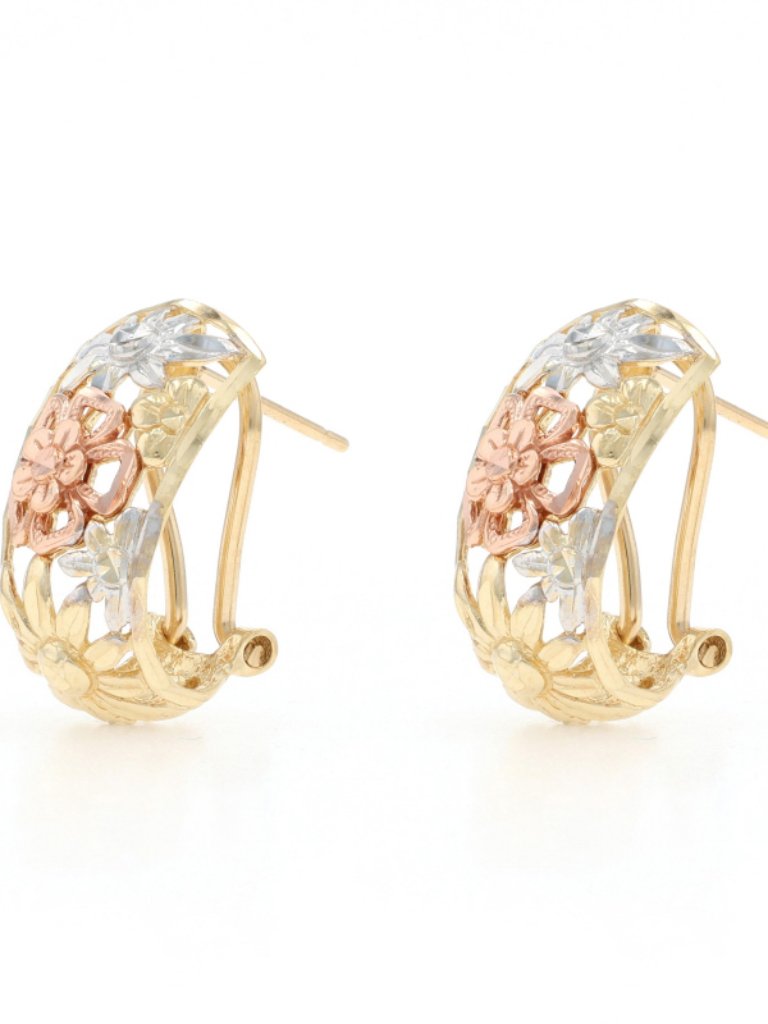 Yellow Gold Flower Trio J-Hoop Earrings - 14k Pierced